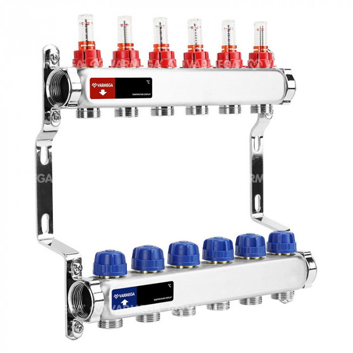 Коллекторная группа Varmega VM15106 1"-3/4"EK×06 нержавеющая сталь, с расходомерами